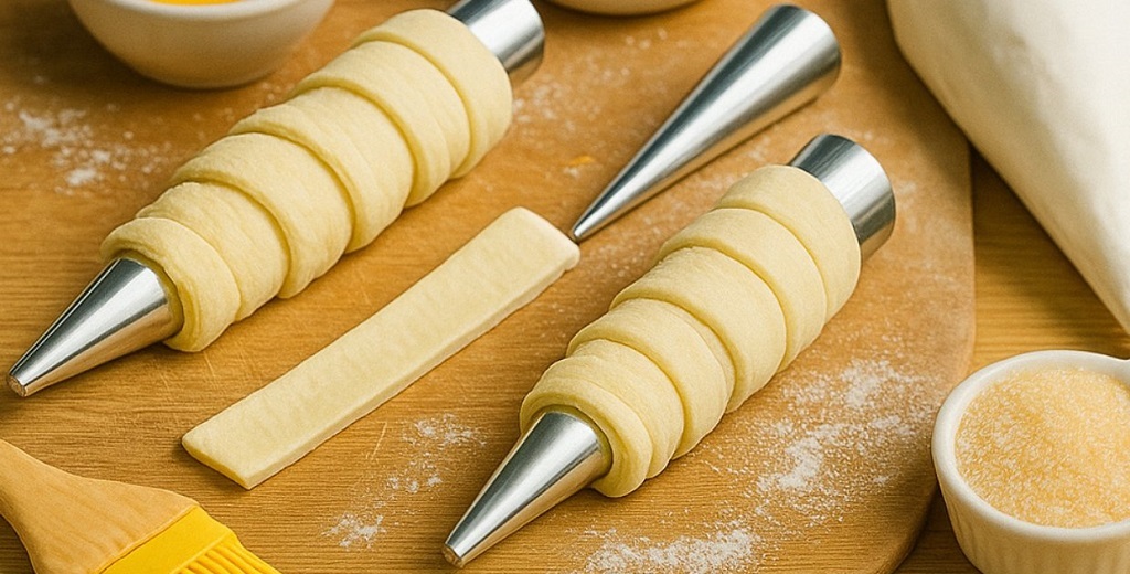 Flaky puff pastry cream horns filled with vanilla cream