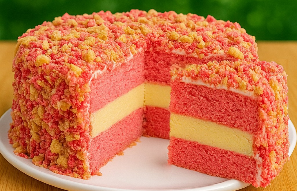 Strawberry Shortcake Cheesecake with cheesecake center and cookie crumb topping