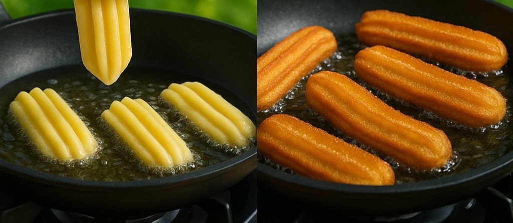 Homemade churros fried and served with caramel sauce on a white plate