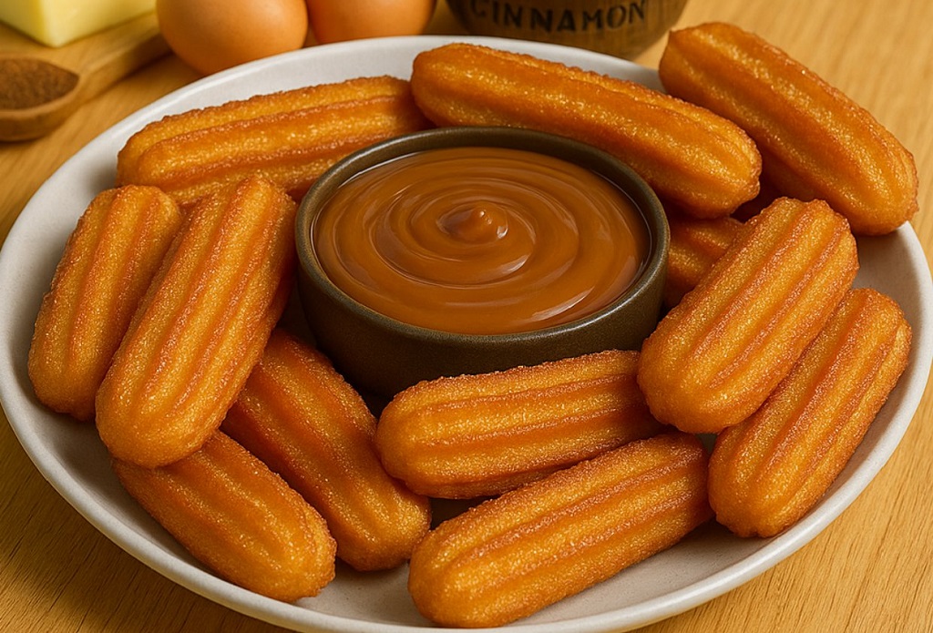 Homemade churros fried and served with caramel sauce on a white plate
