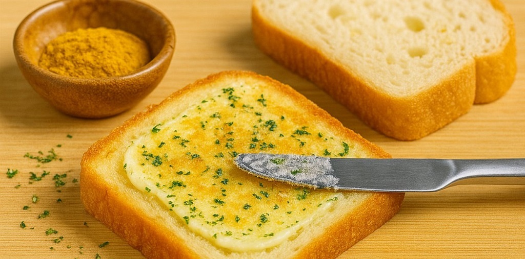 Garlic butter grilled cheese sandwich cut in half with melted cheese oozing