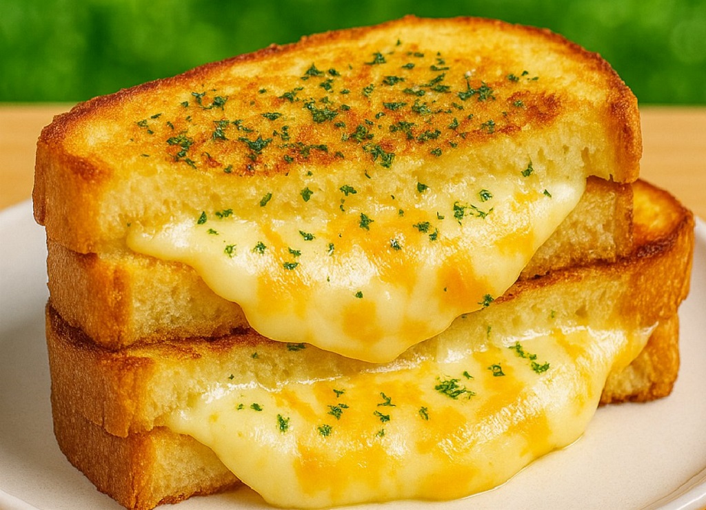 Garlic butter grilled cheese sandwich cut in half with melted cheese oozing