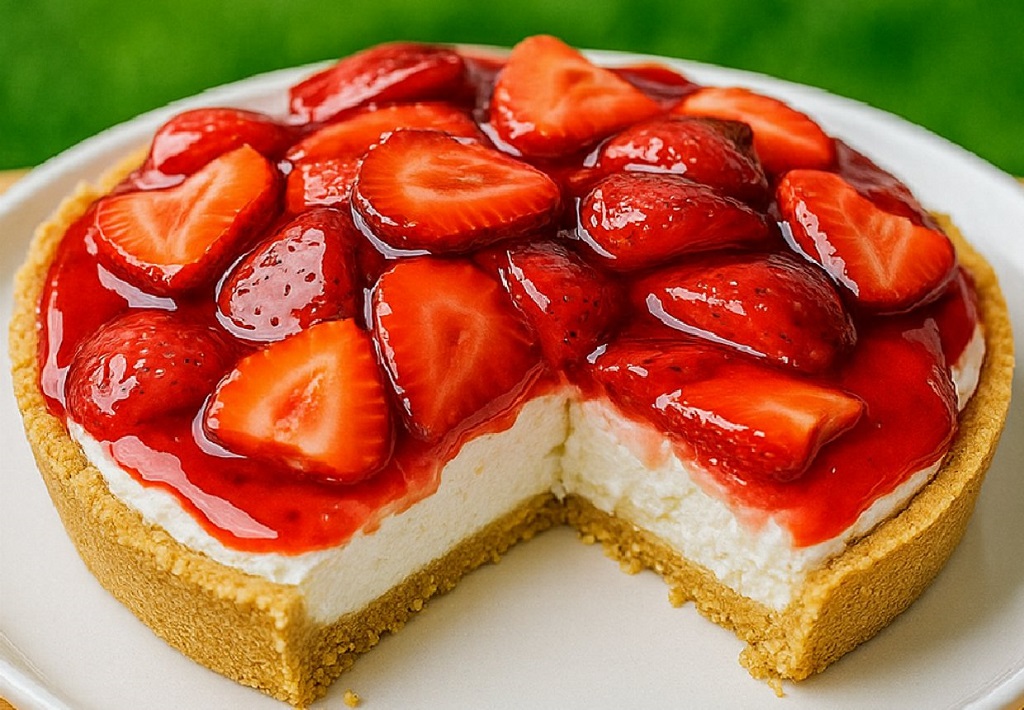 No bake strawberry cream cheese pie with graham cracker crust and sliced strawberries