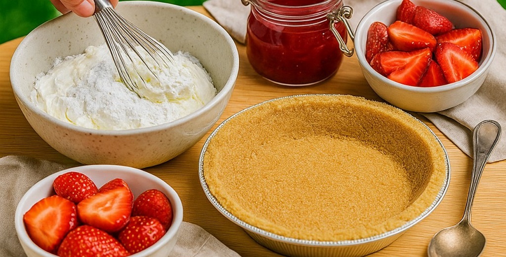 No bake strawberry cream cheese pie with graham cracker crust and sliced strawberries