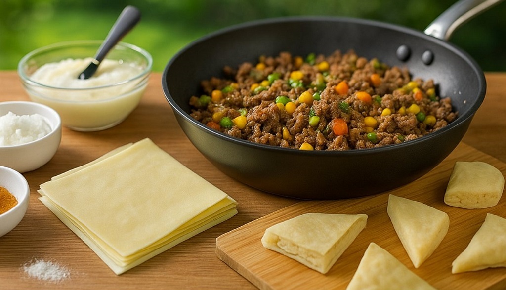 Crispy golden beef samosas with spiced filling served on a white plate