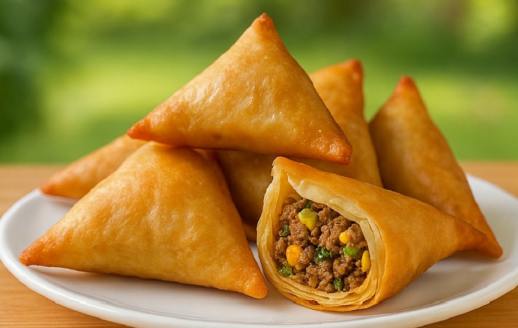 Crispy golden beef samosas with spiced filling served on a white plate