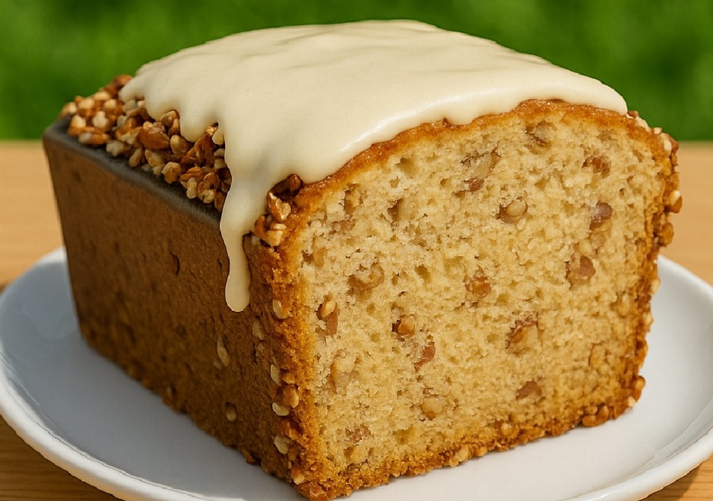 Butter pecan pound cake topped with vanilla glaze and chopped pecans