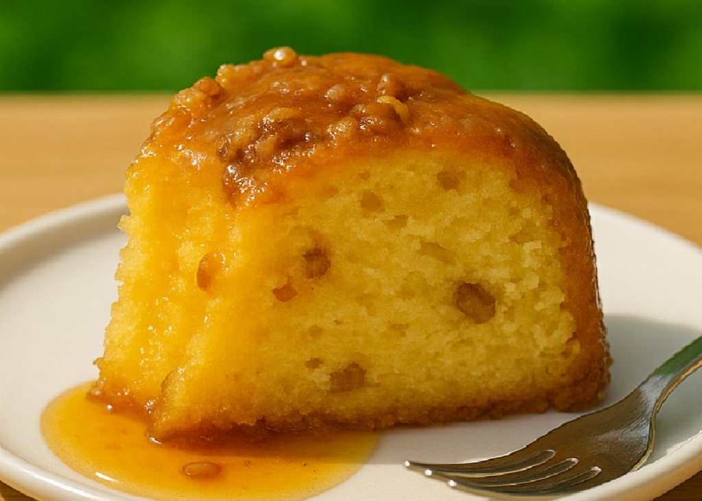 Slice of moist vanilla spice cake with golden butter glaze on a white plate