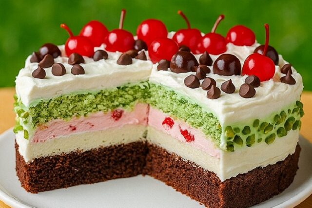 Italian Spumoni Cake with Cherry, Chocolate, and Pistachio Layers