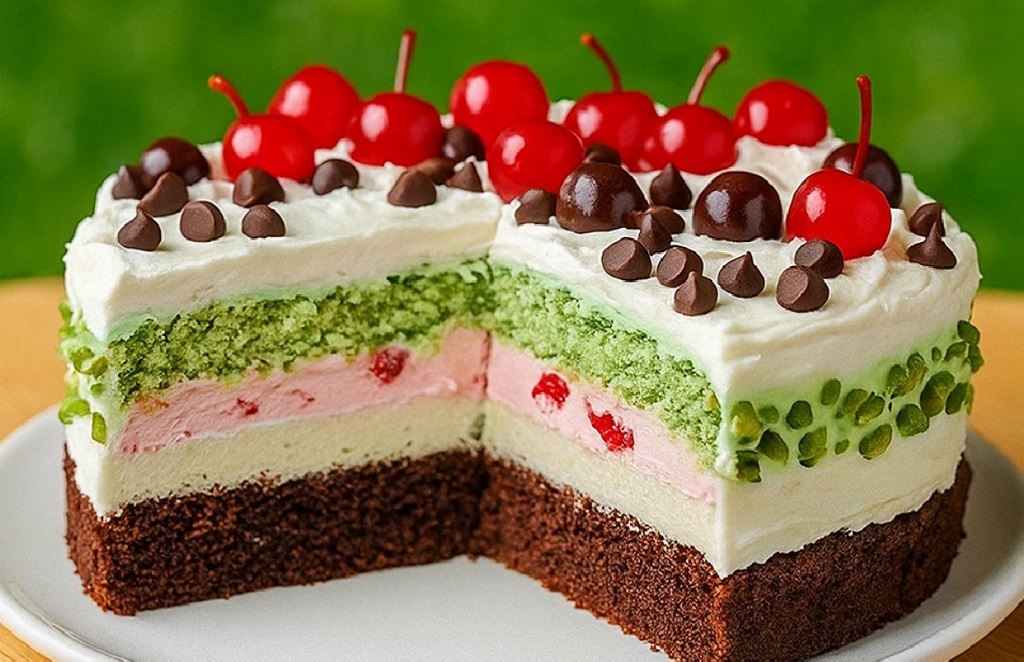 Italian Spumoni Cake with layered chocolate, cherry, and pistachio slices