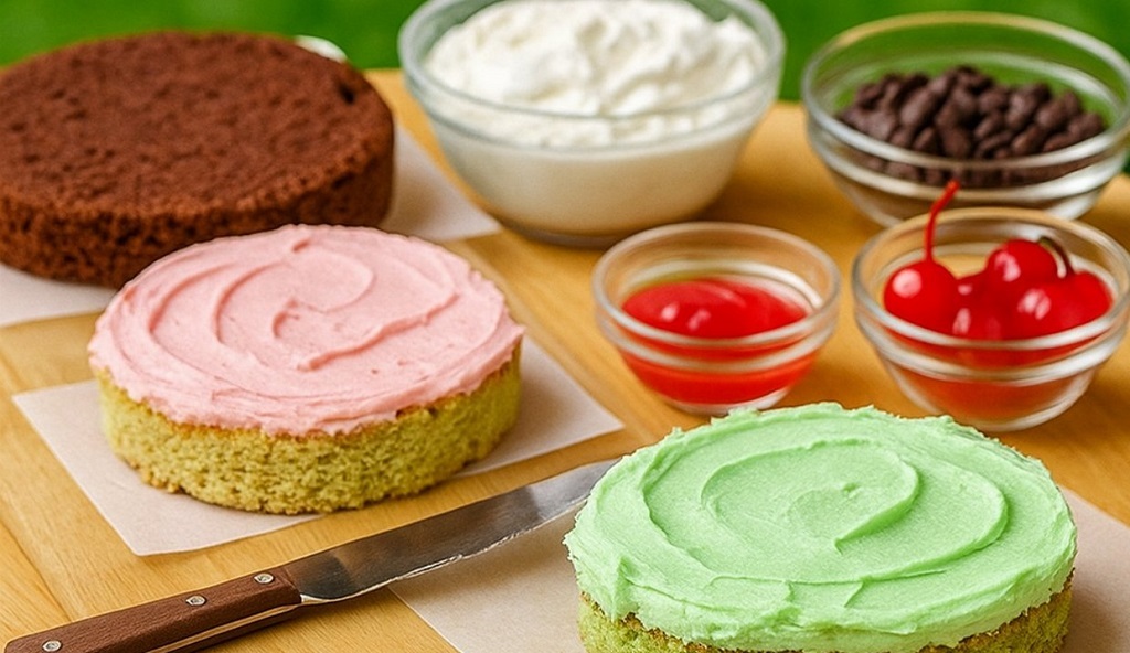 Italian Spumoni Cake with layered chocolate, cherry, and pistachio slices
