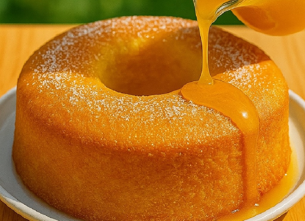 Caramel pound cake with glossy glaze dripping over a golden bundt cake
