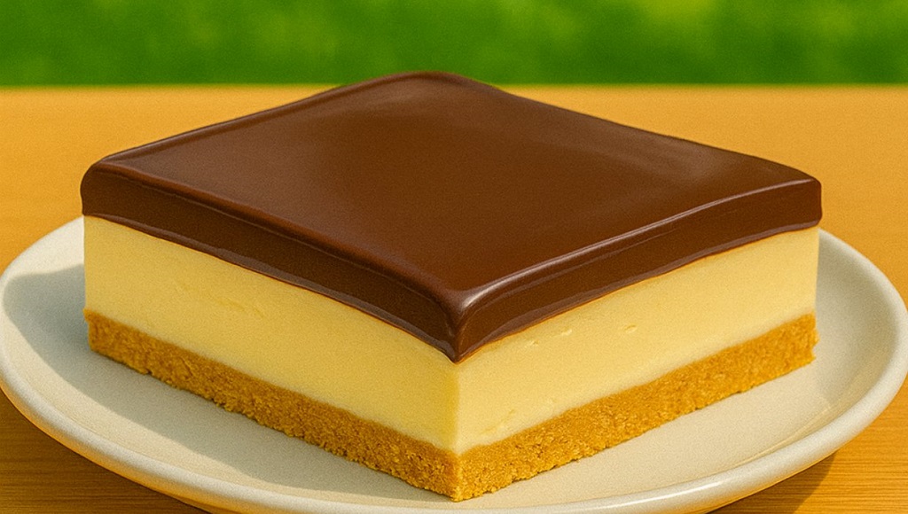 No-bake chocolate eclair cake slice with layers of vanilla pudding, graham crackers, and ganache