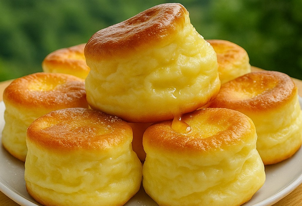 Golden nun’s puffs stacked on a plate with a drizzle of honey