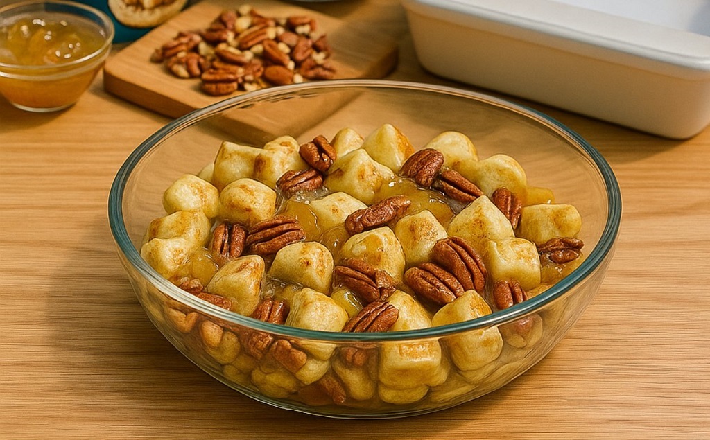 Gooey cinnamon apple pecan bake topped with icing and pecans
