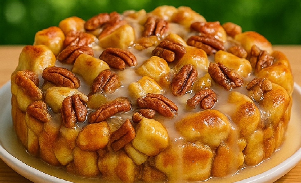 Gooey cinnamon apple pecan bake topped with icing and pecans