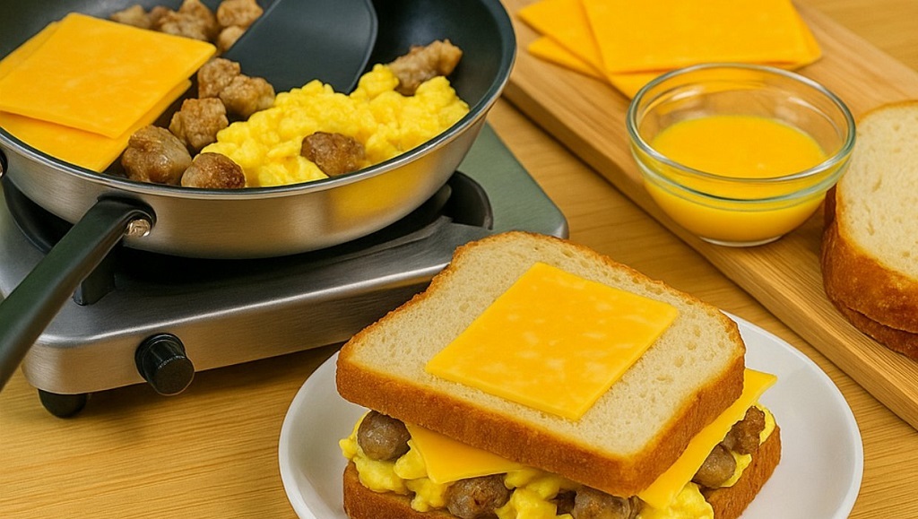 Breakfast grilled cheese sandwich with eggs, sausage, and cheddar
