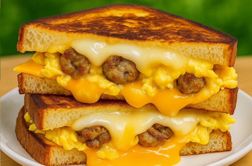 Breakfast grilled cheese sandwich with eggs, sausage, and cheddar