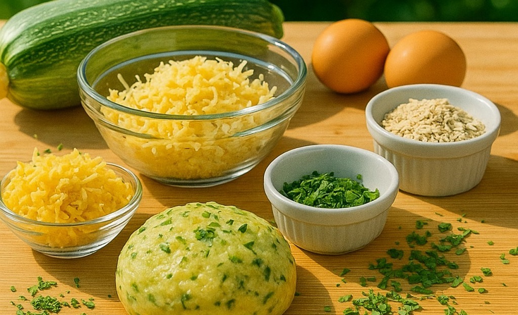 Golden zucchini oat cheese sticks served on a white plate outdoors