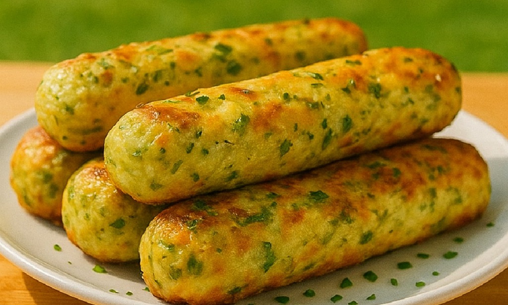 Golden zucchini oat cheese sticks served on a white plate outdoors