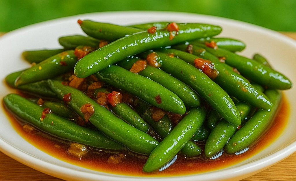 Plate of Texas Roadhouse style green beans garnished with crispy bacon and caramelized onions