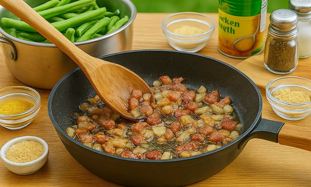 Plate of Texas Roadhouse style green beans garnished with crispy bacon and caramelized onions