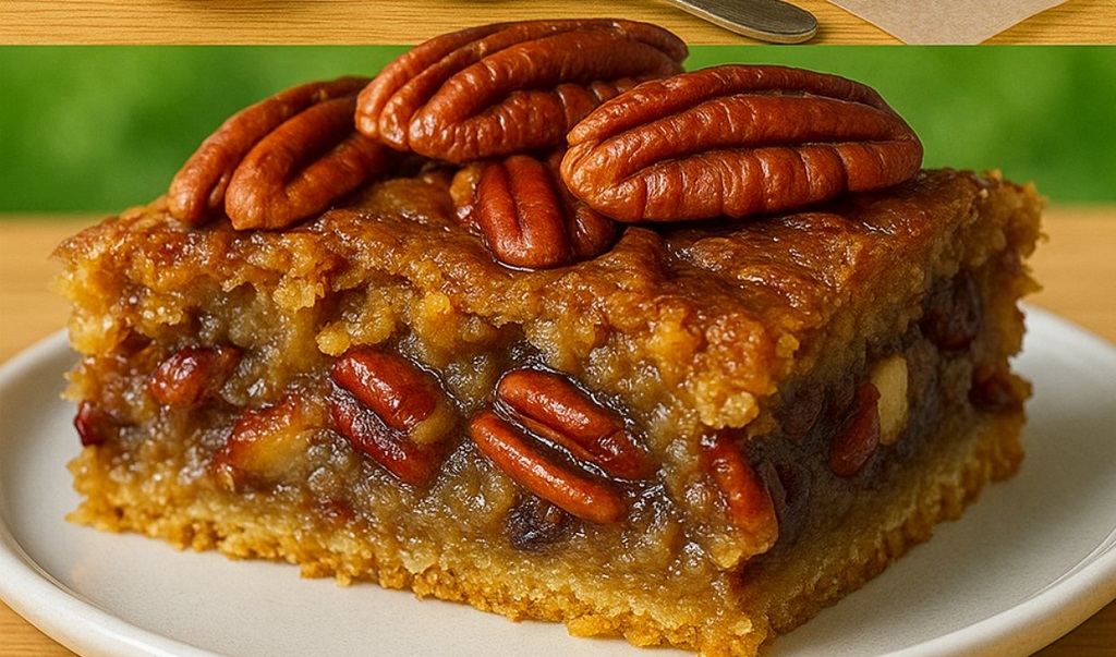 Slice of pecan pie dump cake topped with whole pecans on a white plate