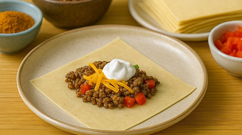 Crispy golden nacho egg rolls filled with beef and cheese