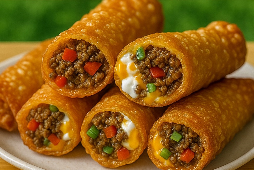 Crispy golden nacho egg rolls filled with beef and cheese