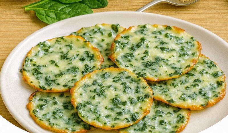 Spinach cheese crisps on a white plate with a bowl of spinach dip mixture in the background