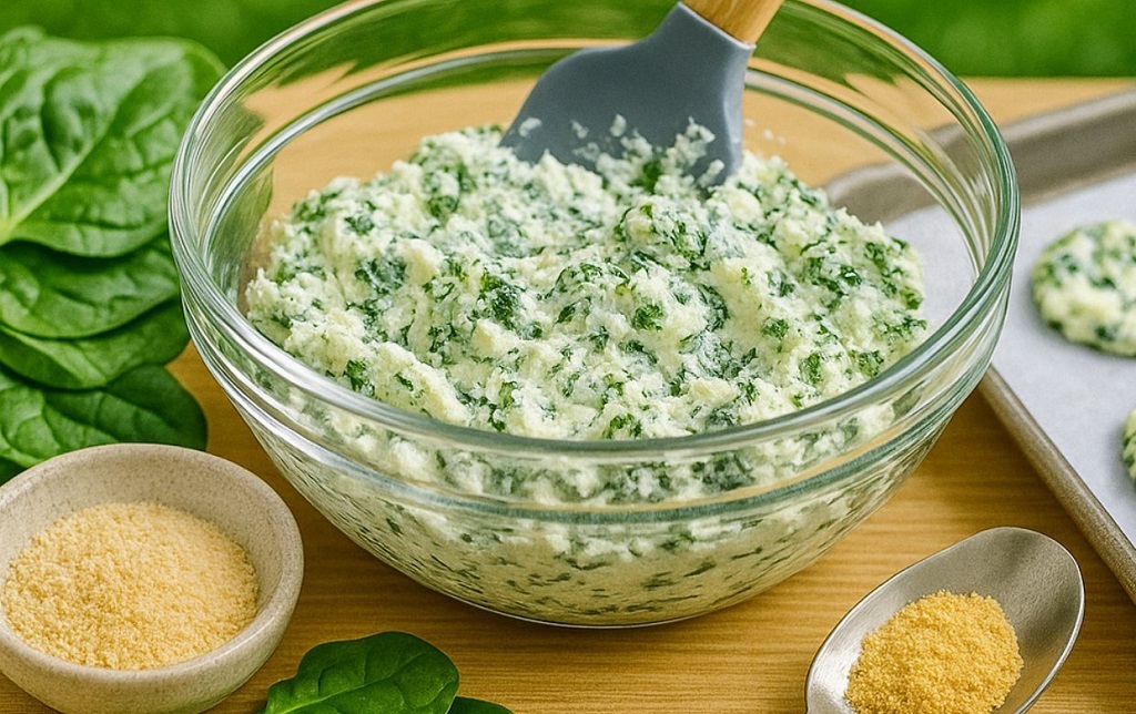 Spinach cheese crisps on a white plate with a bowl of spinach dip mixture in the background