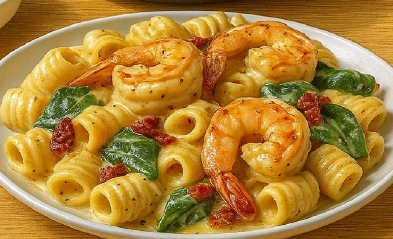 Creamy sun-dried tomato shrimp pasta with spinach served on a plate