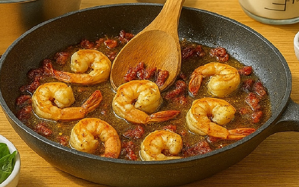 Creamy sun-dried tomato shrimp pasta with spinach served on a plate