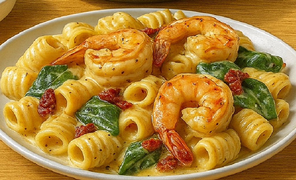 Creamy sun-dried tomato shrimp pasta with spinach served on a plate