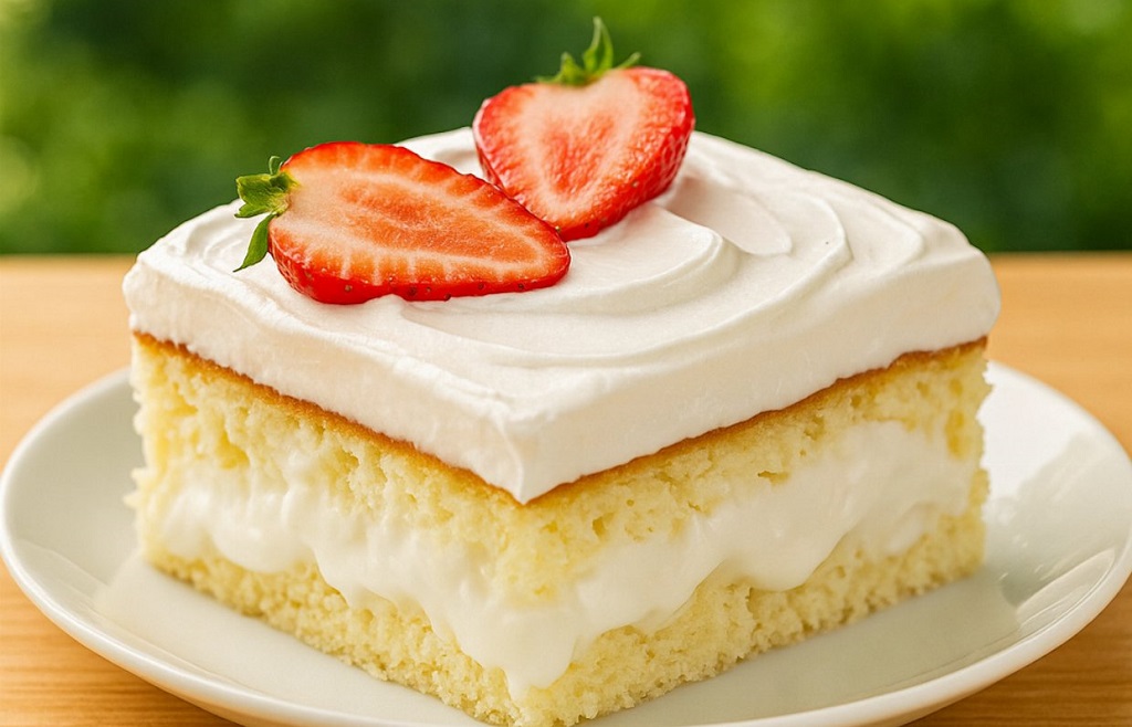 Slice of tres leches cake topped with whipped cream and strawberries