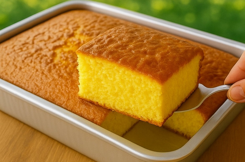 Moist vanilla sheet cake in a metal pan with one slice being lifted