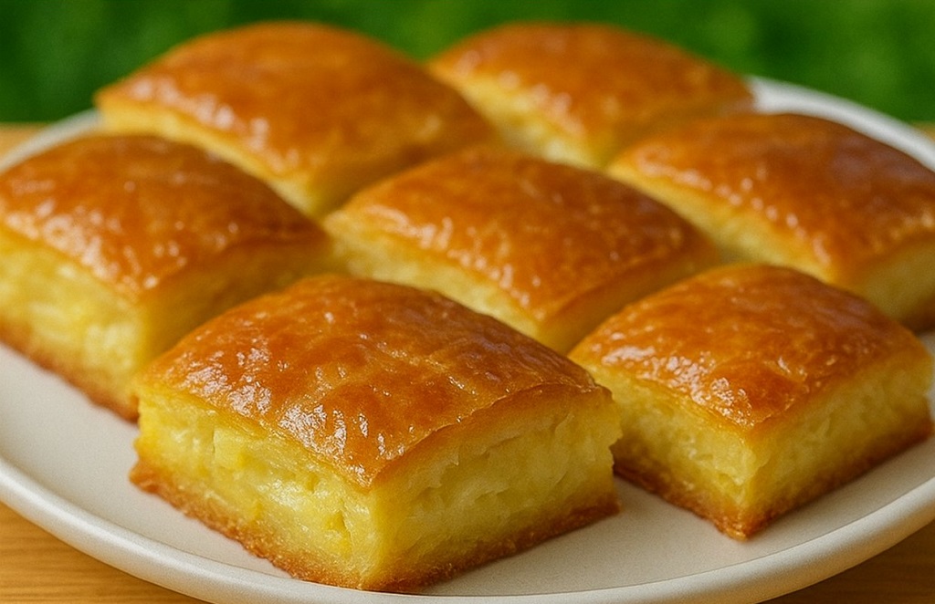 Gooey butter cake bars cut into golden squares on a white plate