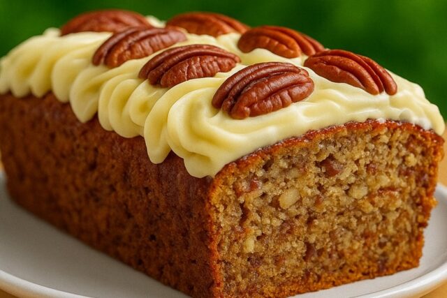 Moist Hummingbird Bread with Cream Cheese Frosting and Pecans