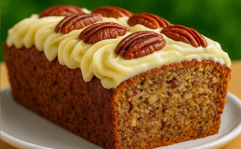 Frosted hummingbird bread topped with whole pecans on a white plate
