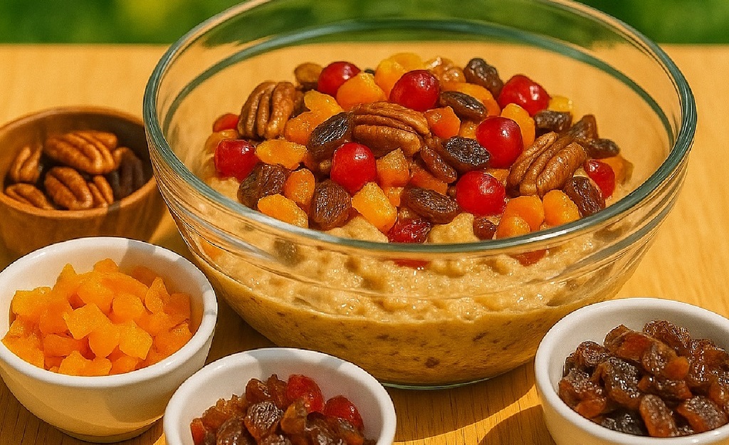 Moist fruitcake topped with pecans, cherries, dates, and apricots on a white plate