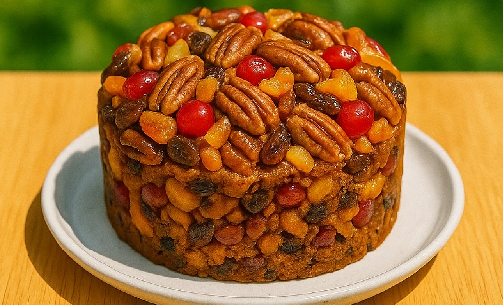 Moist fruitcake topped with pecans, cherries, dates, and apricots on a white plate