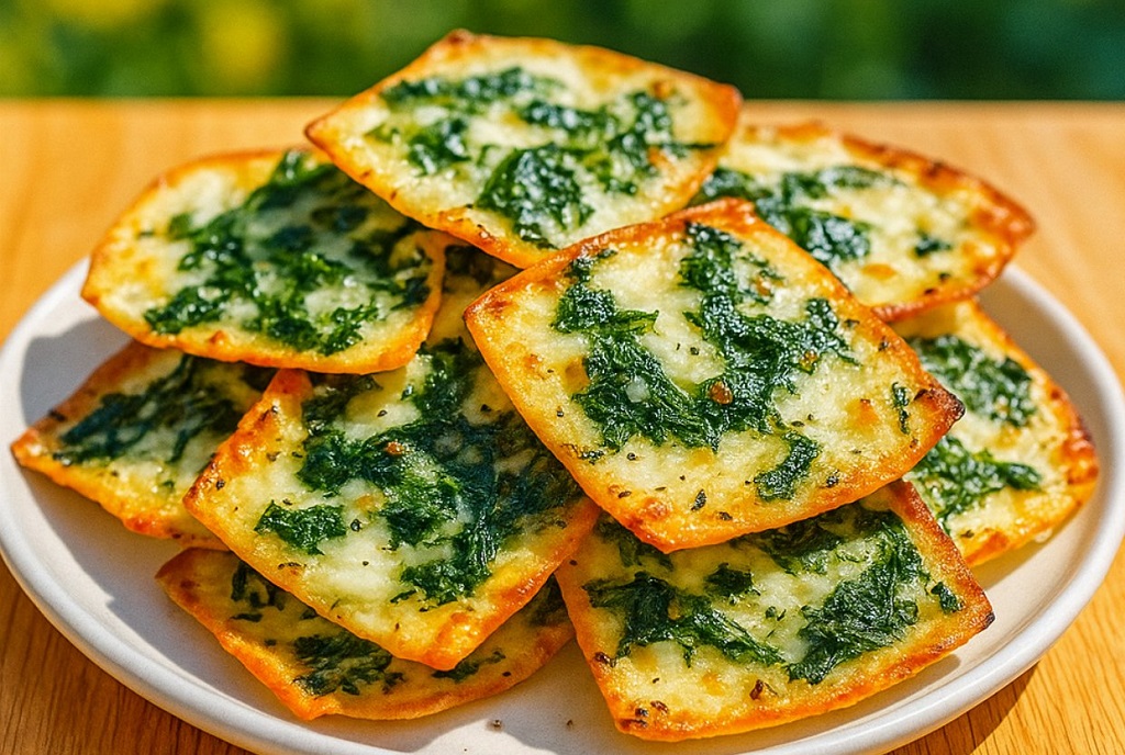 Baked spinach and feta cheese crisps stacked on a white plate in sunlight