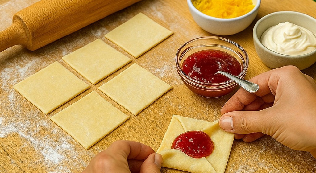 Papucs with jam filled with strawberry preserves on a white plate