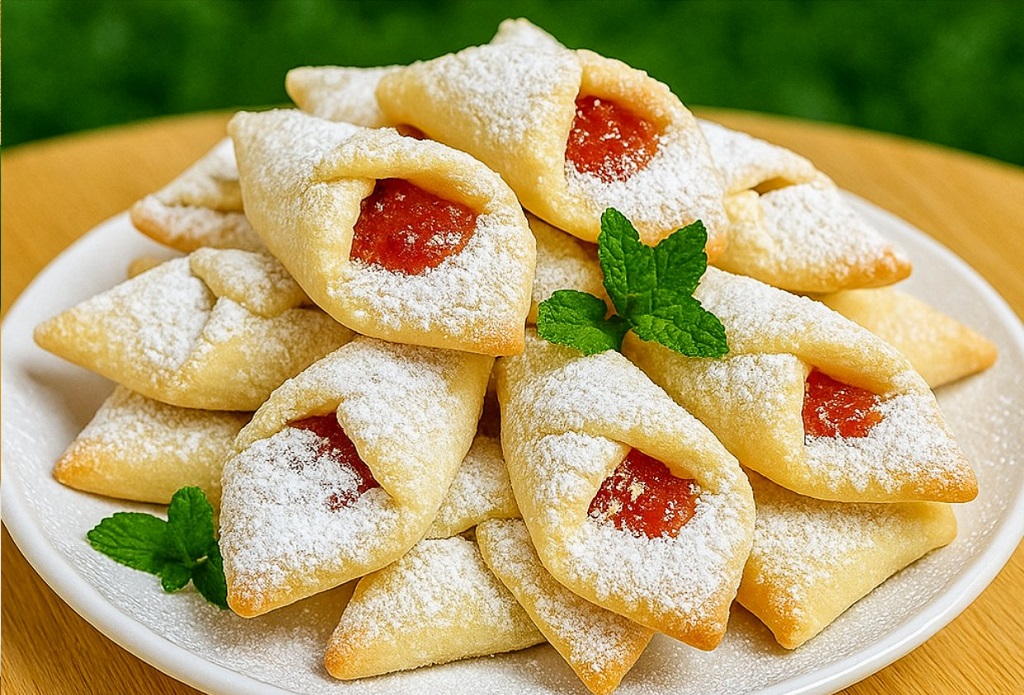 Papucs with jam filled with strawberry preserves on a white plate