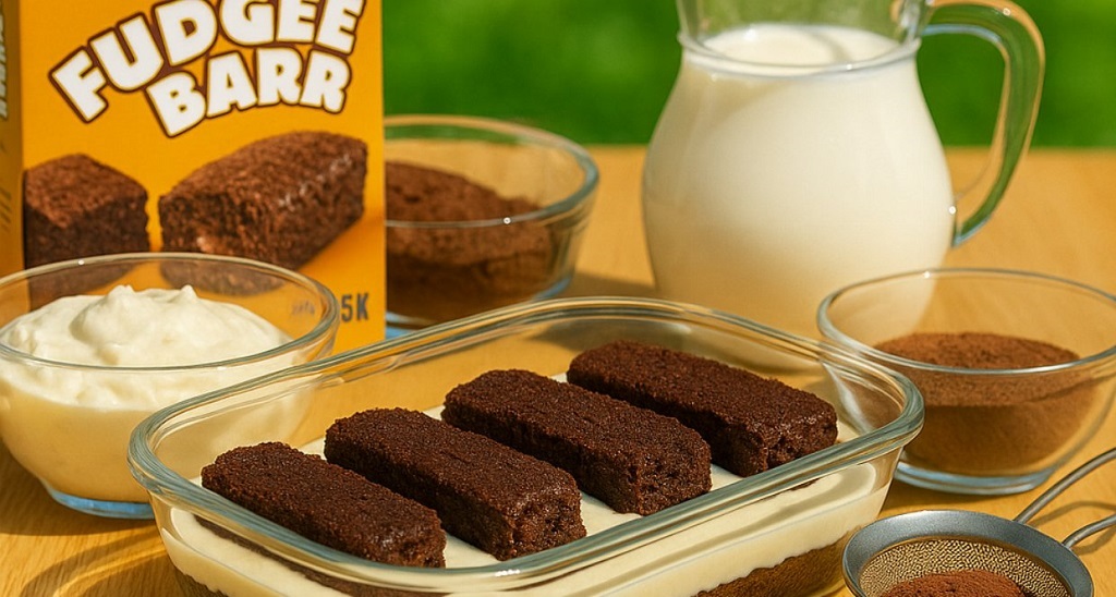 No-bake chocolate Fudgee Barr cake with creamy filling and ganache topping on a white plate