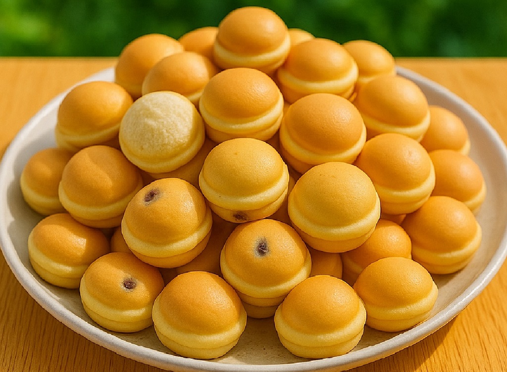 Crispy golden bubble egg waffles stacked on a white plate in bright sunlight with a soft, chewy interior and round puffed texture.