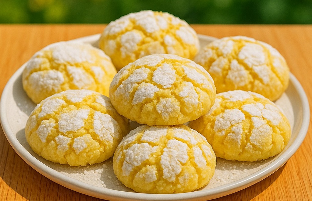 Freshly baked lemon crinkle cookies stacked on a white plate with a golden citrus color and crackled powdered sugar tops.