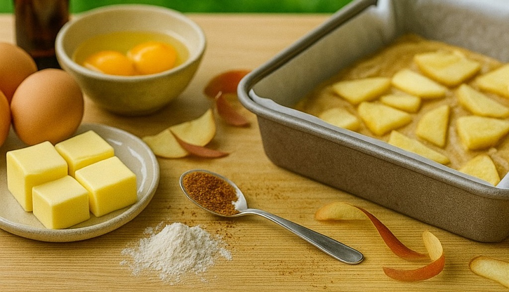 Swedish apple cake with cinnamon-spiced apples baked on top, sliced on a white plate
