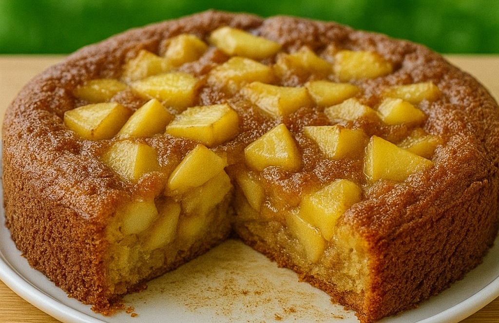 Swedish apple cake with cinnamon-spiced apples baked on top, sliced on a white plate