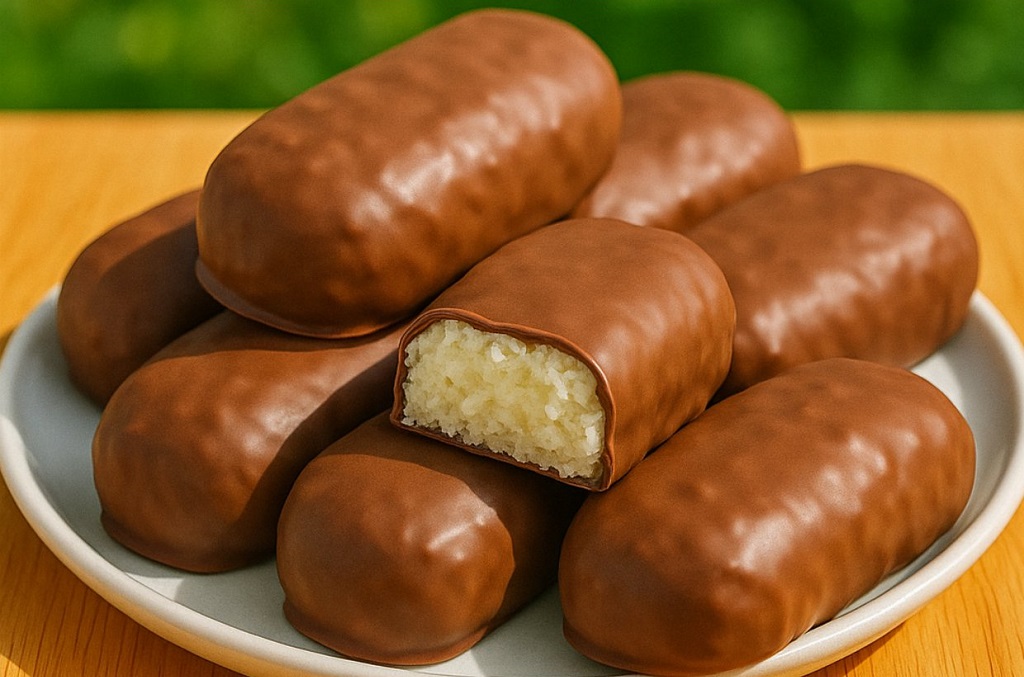 No bake coconut chocolate bars sliced on a white plate with glossy chocolate coating